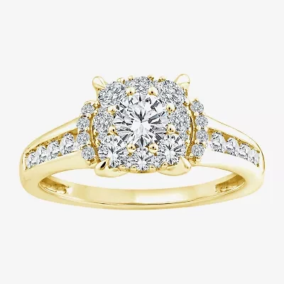 (F / Si2) Womens 1 CT. T.W. Lab Grown White Diamond 14K Gold Over Silver Round Side Stone Halo Engagement Ring