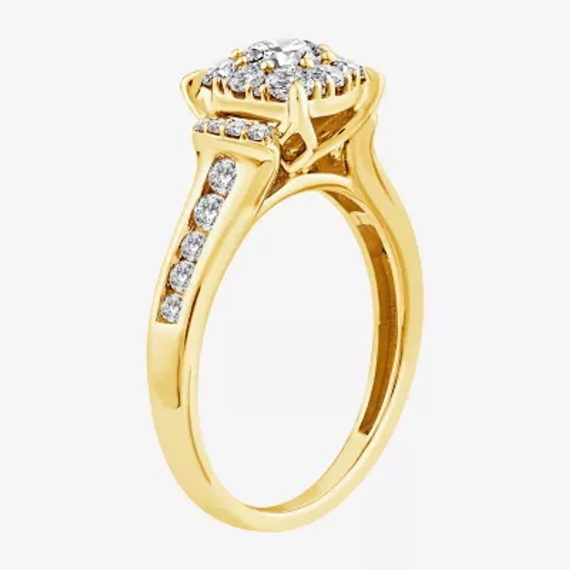 (F / Si2) Womens 1 CT. T.W. Lab Grown White Diamond 14K Gold Over Silver Round Side Stone Halo Engagement Ring