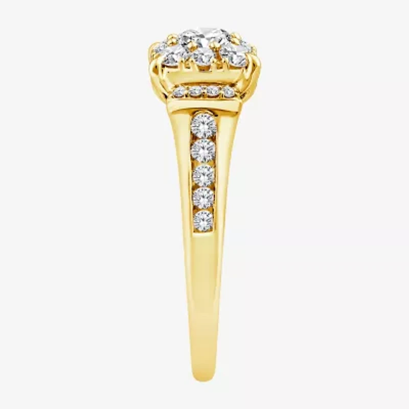 (F / Si2) Womens 1 CT. T.W. Lab Grown White Diamond 14K Gold Over Silver Round Side Stone Halo Engagement Ring