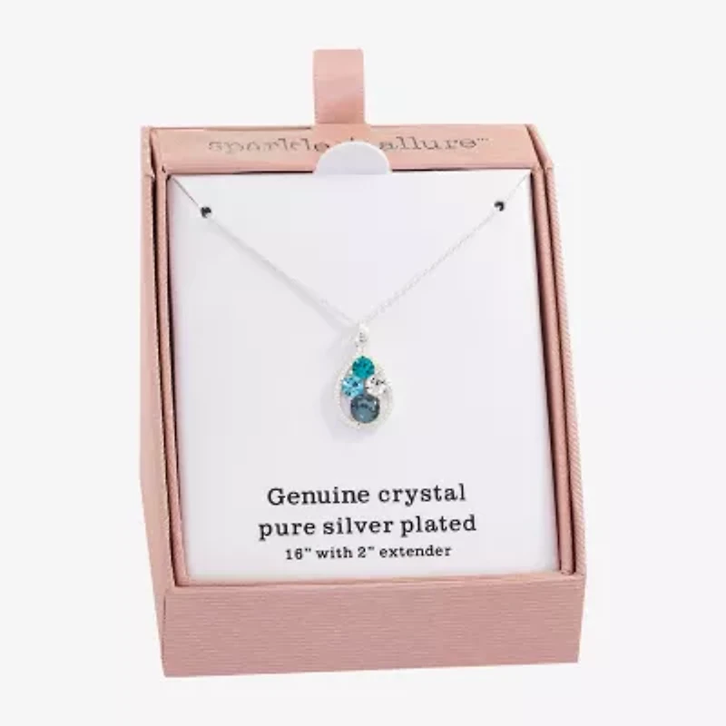 Sparkle Allure Womens Blue Crystal Pure Silver Over Brass 16 Inch Pendant Necklace