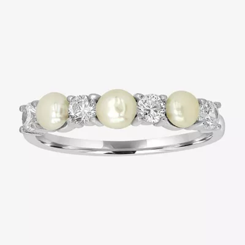 Silver Treasures Womens White Simulated Pearl Sterling Band