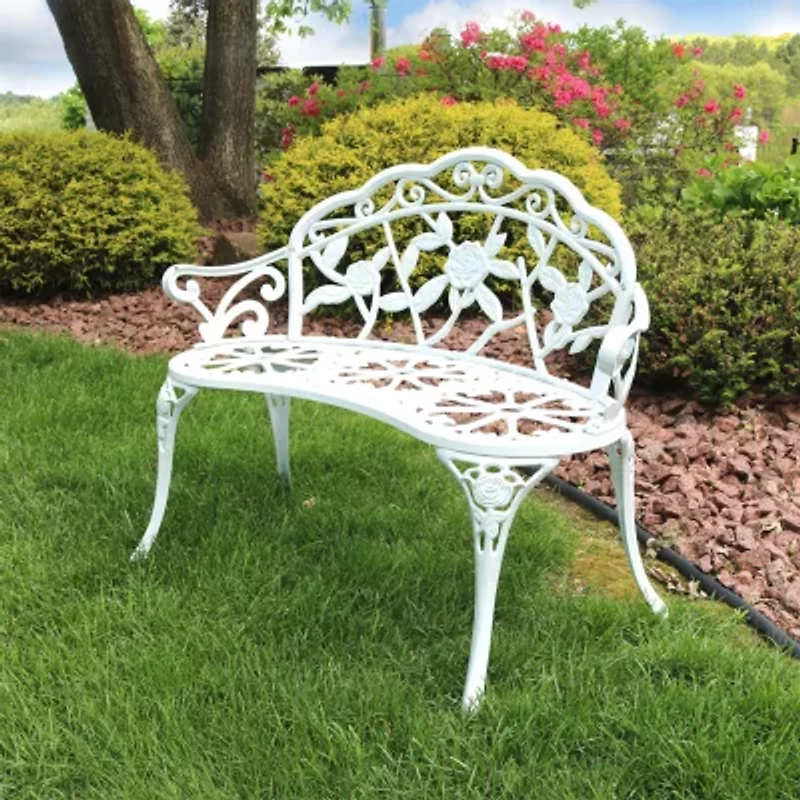 2-Person Cast Aluminum Classic Rose Frame Patio Bench