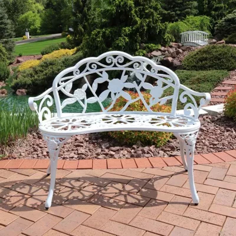 2-Person Cast Aluminum Classic Rose Frame Patio Bench