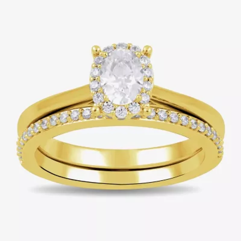 (G / Si2) Womens 3/4 CT. T.W. Lab Grown White Diamond 14K Gold Over Silver Oval Side Stone Halo Bridal Set