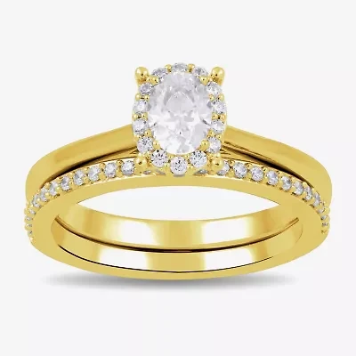 (G / Si2) Womens 3/4 CT. T.W. Lab Grown White Diamond 14K Gold Over Silver Oval Side Stone Halo Bridal Set