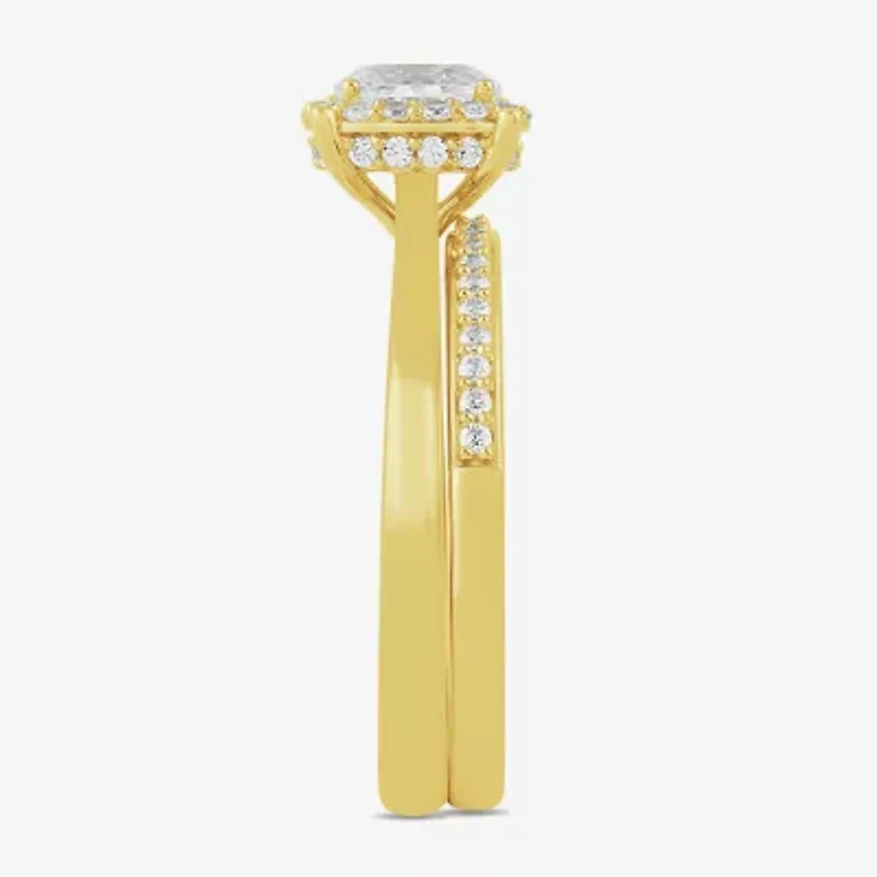 (G / Si2) Womens 3/4 CT. T.W. Lab Grown White Diamond 14K Gold Over Silver Oval Side Stone Halo Bridal Set