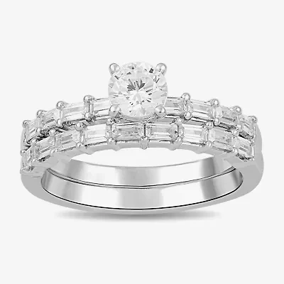 (G / Si2) Womens 1 CT. T.W. Lab Grown White Diamond Sterling Silver Side Stone Wedding Bridal Set