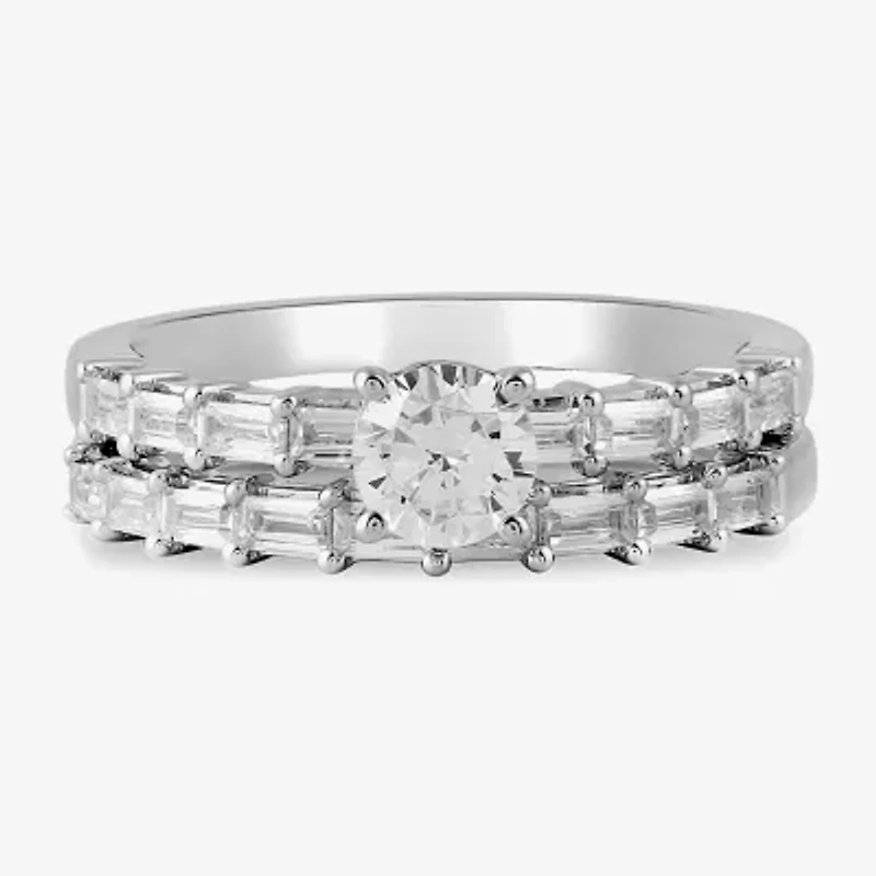 G / Si2) Womens 1 CT. T.W. Lab Grown White Diamond Sterling Silver Side Stone Wedding Bridal Set