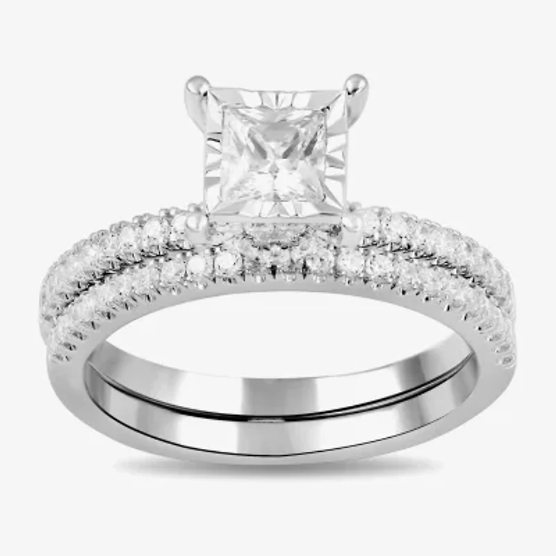 (G / Si2) Womens 1 CT. T.W. Lab Grown White Diamond Sterling Silver Side Stone Wedding Bridal Set