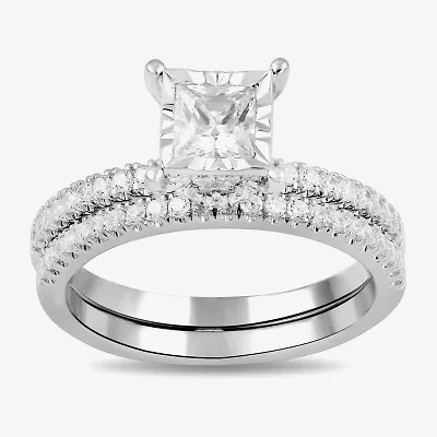 (G / Si2) Womens 1 CT. T.W. Lab Grown White Diamond Sterling Silver Side Stone Wedding Bridal Set