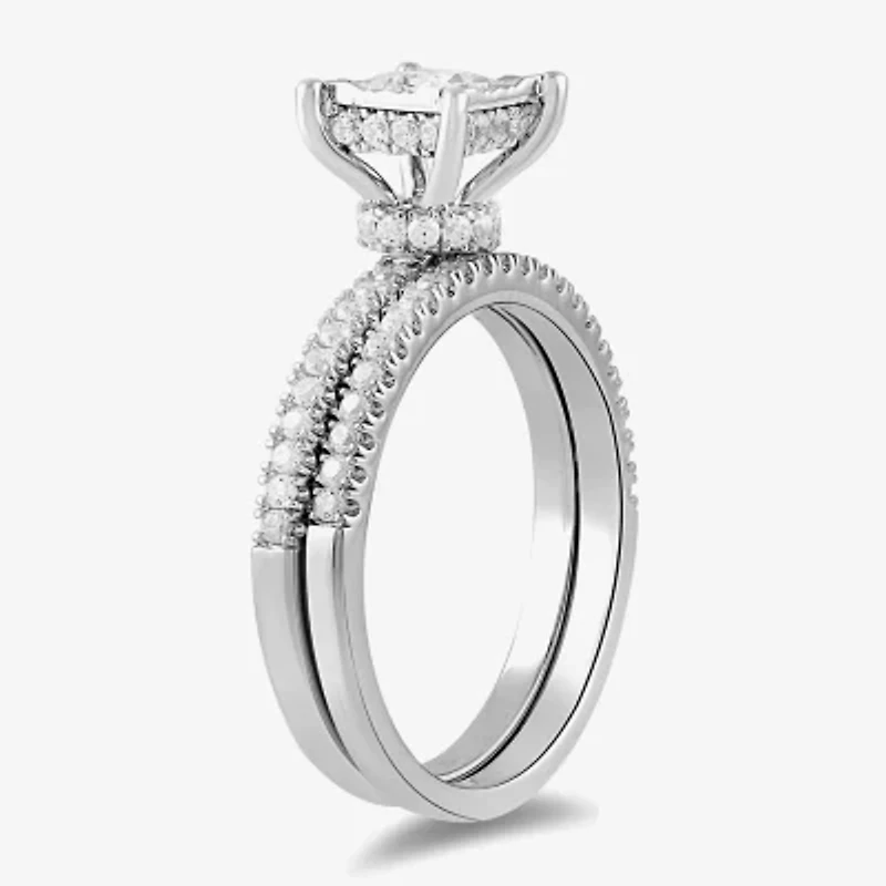 (G / Si2) Womens 1 CT. T.W. Lab Grown White Diamond Sterling Silver Side Stone Wedding Bridal Set