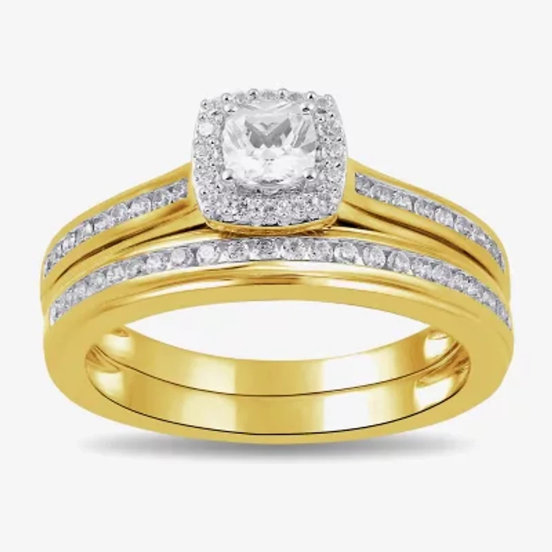 (G / Si2) Womens 3/4 CT. T.W. Lab Grown White Diamond 14K Gold Over Silver Cushion Side Stone Halo Bridal Set