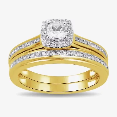 (G / Si2) Womens 3/4 CT. T.W. Lab Grown White Diamond 14K Gold Over Silver Cushion Side Stone Halo Bridal Set