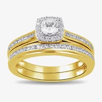 (G / Si2) Womens 3/4 CT. T.W. Lab Grown White Diamond 14K Gold Over Silver Cushion Side Stone Halo Bridal Set
