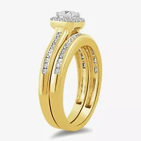 (G / Si2) Womens 3/4 CT. T.W. Lab Grown White Diamond 14K Gold Over Silver Cushion Side Stone Halo Bridal Set