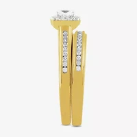 (G / Si2) Womens 3/4 CT. T.W. Lab Grown White Diamond 14K Gold Over Silver Cushion Side Stone Halo Bridal Set