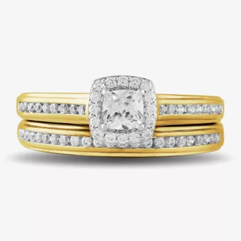 (G / Si2) Womens 3/4 CT. T.W. Lab Grown White Diamond 14K Gold Over Silver Cushion Side Stone Halo Bridal Set