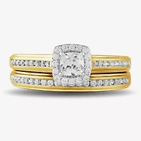 (G / Si2) Womens 3/4 CT. T.W. Lab Grown White Diamond 14K Gold Over Silver Cushion Side Stone Halo Bridal Set