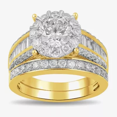 (G / Si2) Womens 3 CT. T.W. Lab Grown White Diamond 10K Gold Round Side Stone Wedding Bridal Set