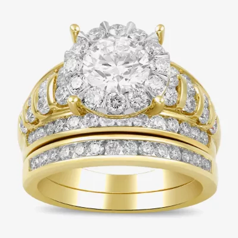 (G / Si2) Womens 3 CT. T.W. Lab Grown White Diamond 10K Gold Round Side Stone Halo Bridal Set