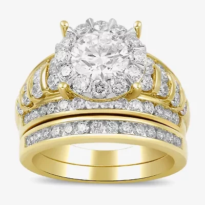 (G / Si2) Womens 3 CT. T.W. Lab Grown White Diamond 10K Gold Round Side Stone Halo Bridal Set