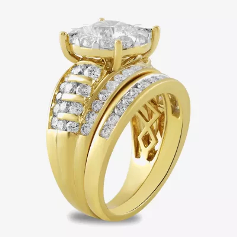 (G / Si2) Womens 3 CT. T.W. Lab Grown White Diamond 10K Gold Round Side Stone Halo Bridal Set