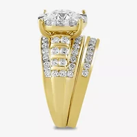 (G / Si2) Womens 3 CT. T.W. Lab Grown White Diamond 10K Gold Round Side Stone Halo Bridal Set