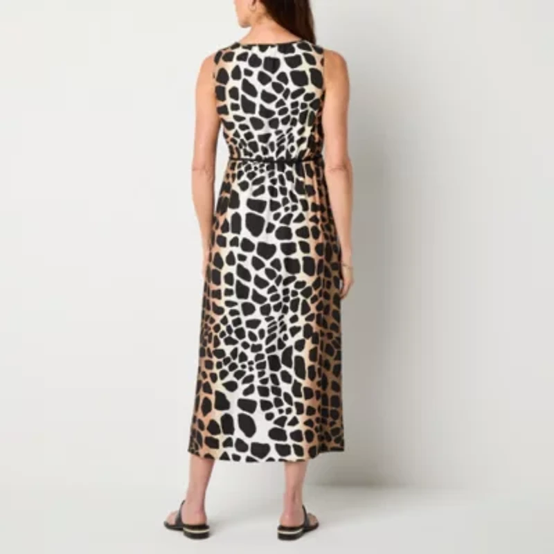 Liz Claiborne Womens Tall Sleeveless Midi Animal A-Line Dress