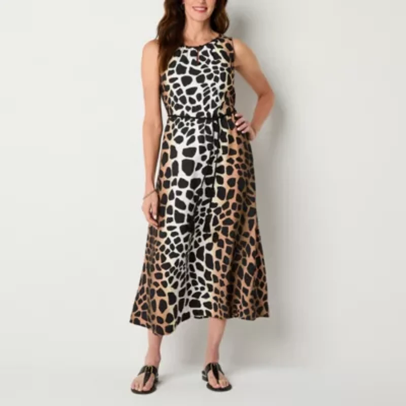 Liz Claiborne Womens Tall Sleeveless Midi Animal A-Line Dress