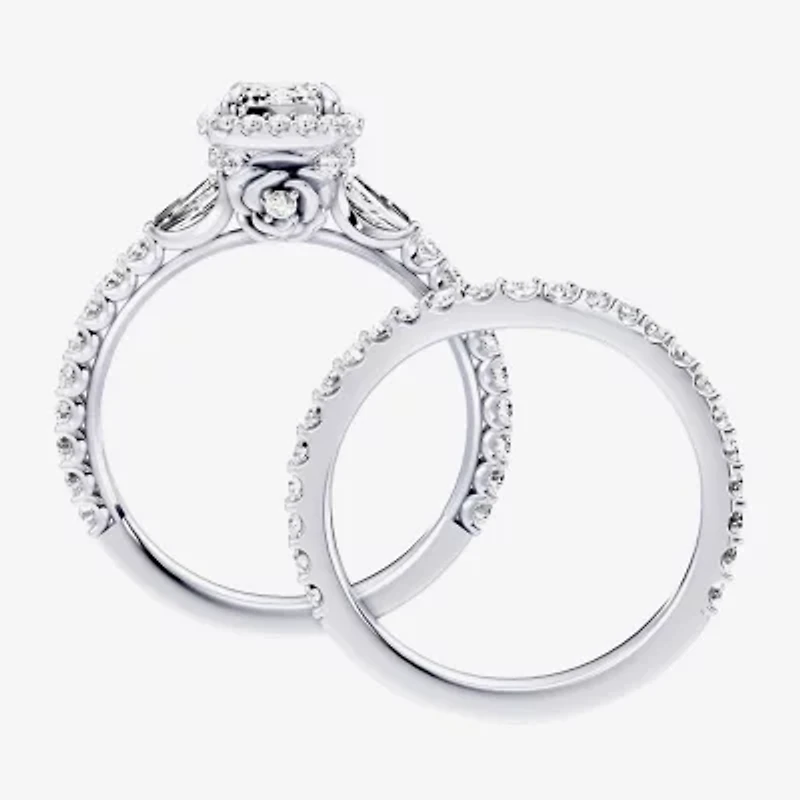 Enchanted Disney Fine Jewelry Belle (F / Si1) Womens 2 1/8 Ct. T.W. Lab Grown White Diamond 10K Gold Rectangular Beauty and the Beast Princess Side Stone Halo Bridal Set