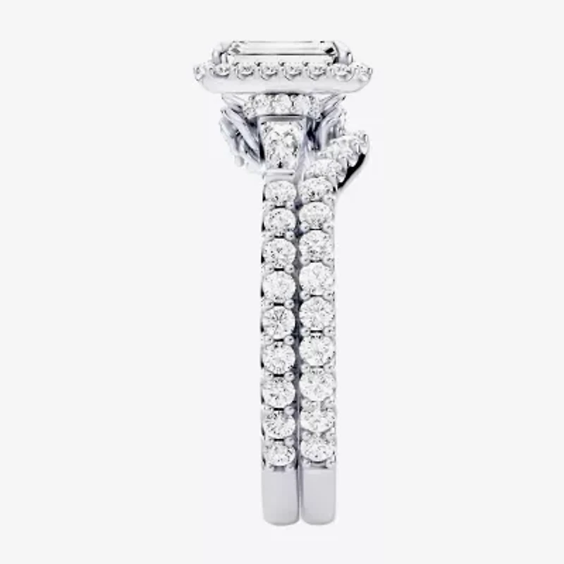 Enchanted Disney Fine Jewelry Belle (F / Si1) Womens 2 1/8 Ct. T.W. Lab Grown White Diamond 10K Gold Rectangular Beauty and the Beast Princess Side Stone Halo Bridal Set
