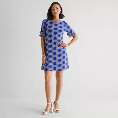 Perceptions Womens Round Neck Short Sleeve Abstract Shift Dress