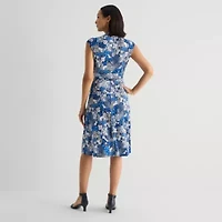 Perceptions Womens V Neck Short Sleeve Floral Fit + Flare Dress