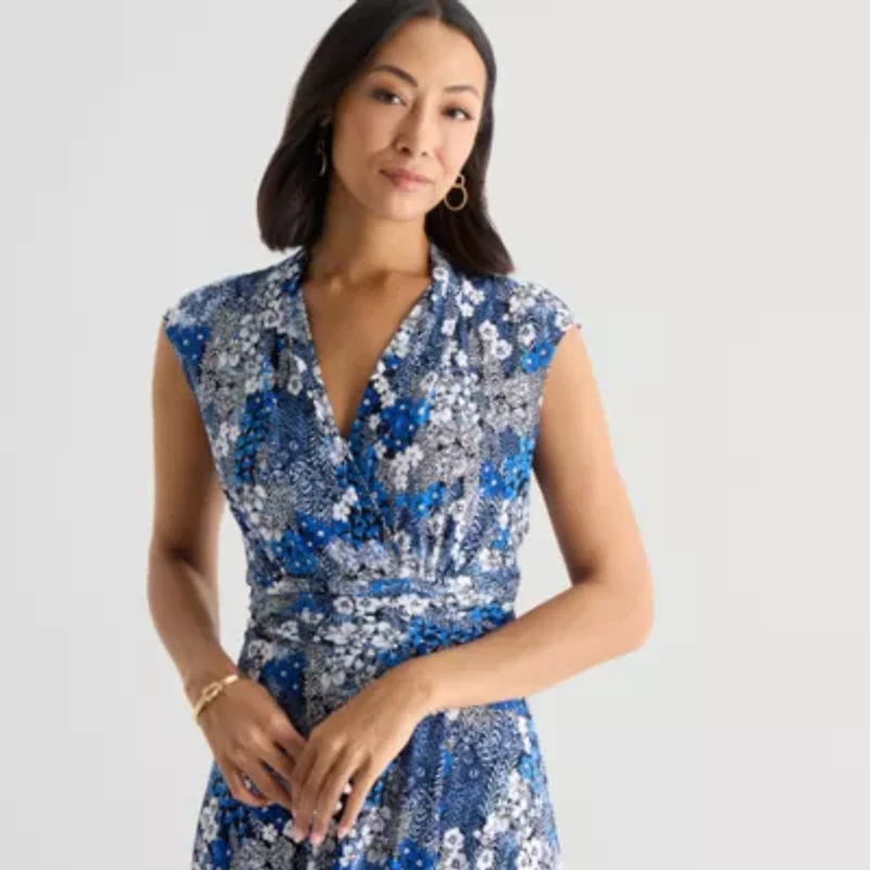 Perceptions Womens V Neck Short Sleeve Floral Fit + Flare Dress