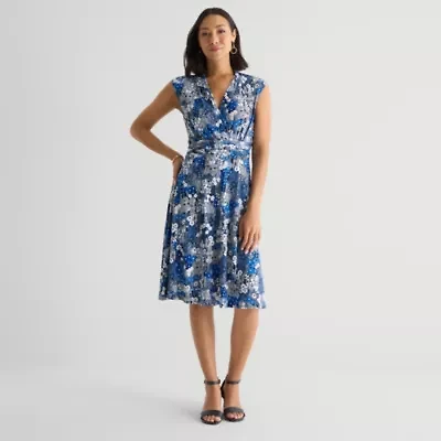 Perceptions Womens V Neck Short Sleeve Floral Fit + Flare Dress