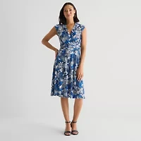 Perceptions Womens V Neck Short Sleeve Floral Fit + Flare Dress