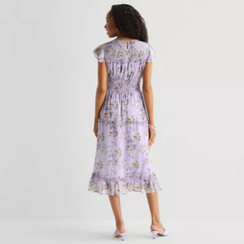 Perceptions Womens Midi Round Neck Sleeveless Ruffled Floral Fit + Flare Dress