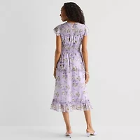 Perceptions Womens Midi Round Neck Sleeveless Ruffled Floral Fit + Flare Dress