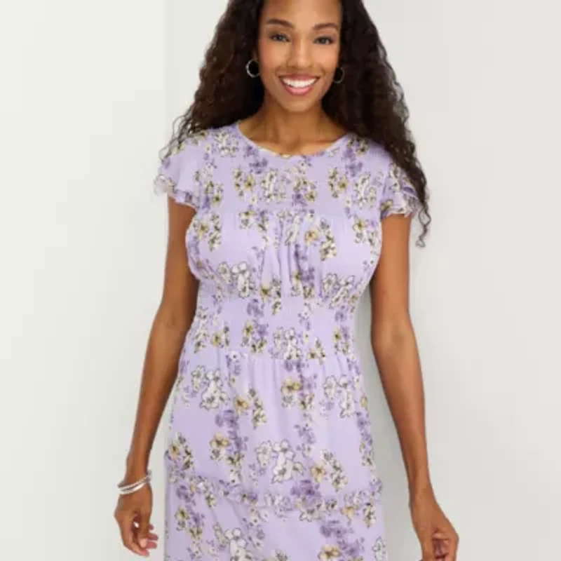 Perceptions Womens Midi Round Neck Sleeveless Ruffled Floral Fit + Flare Dress