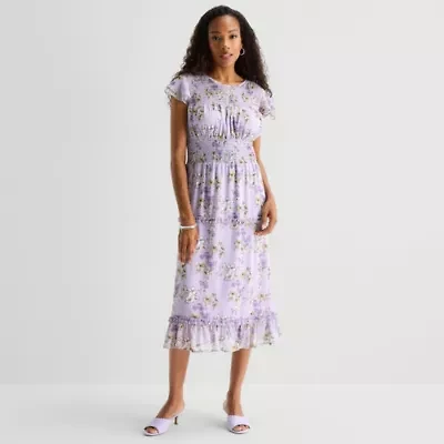 Perceptions Womens Midi Round Neck Sleeveless Ruffled Floral Fit + Flare Dress