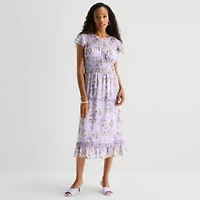 Perceptions Womens Midi Round Neck Sleeveless Ruffled Floral Fit + Flare Dress