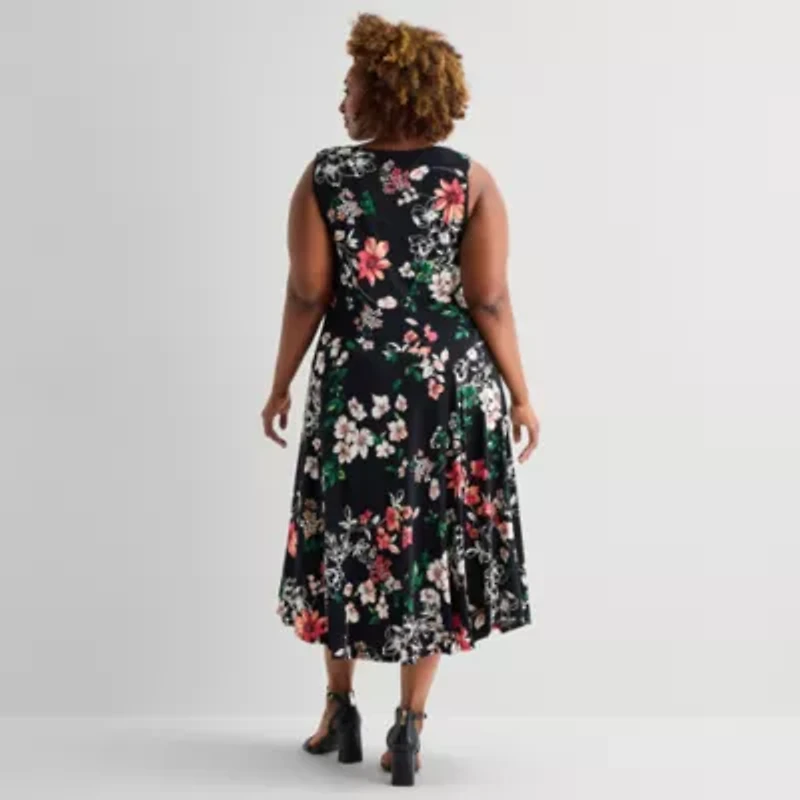 Robbie Bee Womens Plus Midi Crew Neck Sleeveless Floral Fit + Flare Dress