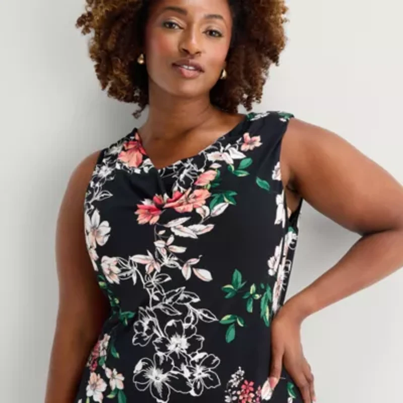 Robbie Bee Womens Plus Midi Crew Neck Sleeveless Floral Fit + Flare Dress