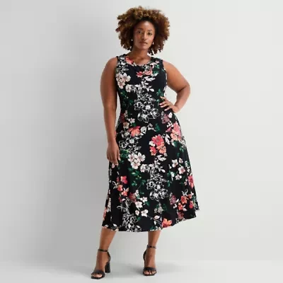 Robbie Bee Womens Plus Midi Crew Neck Sleeveless Floral Fit + Flare Dress