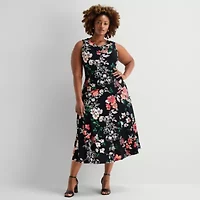 Robbie Bee Womens Plus Midi Crew Neck Sleeveless Floral Fit + Flare Dress
