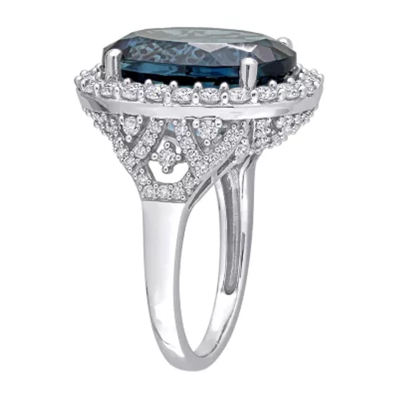 Womens Genuine London Blue Topaz 14K White Gold Cocktail Ring