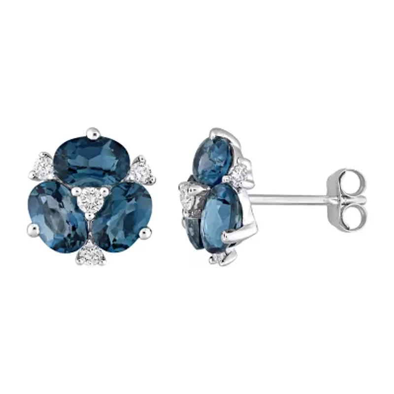 Genuine London Blue Topaz 14K White Gold Flower Stud Earrings