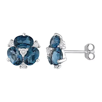 Genuine London Blue Topaz 14K White Gold Flower Stud Earrings