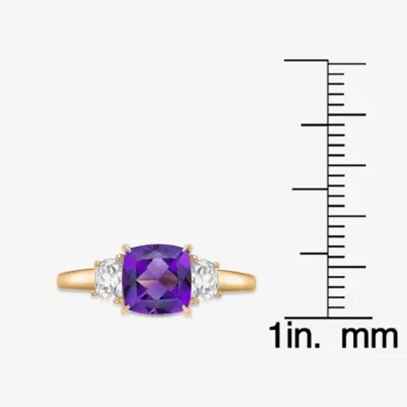 Womens Genuine Purple Amethyst 18K Gold Over Silver Cushion 3-Stone Cocktail Ring