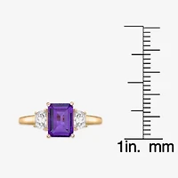 Womens Genuine Purple Amethyst 18K Gold Over Silver 3-Stone Cocktail Ring